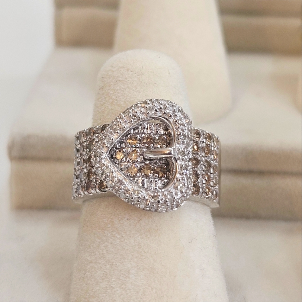 925 Sterling Silver Pave Diamonds Heart Buckle Band Ring Size 5